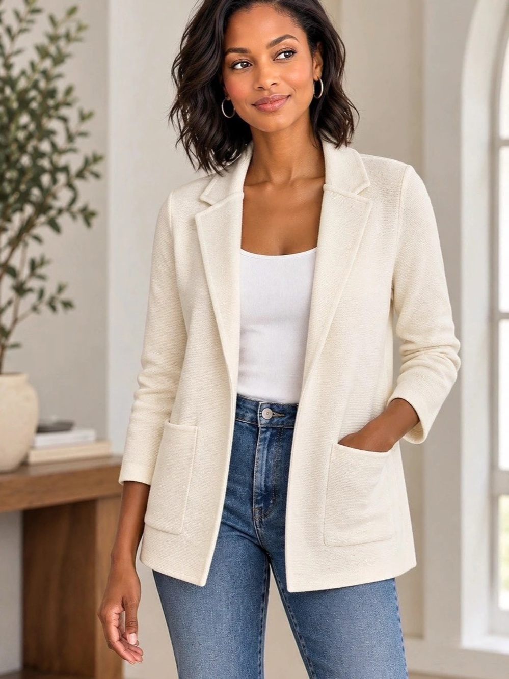 Quince 100% Organic Cotton Knit Blazer Ivory Open Front Jacket S Minimalist